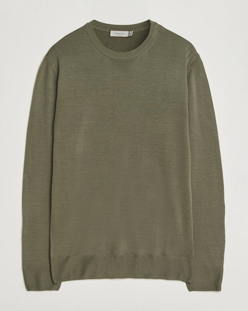 Canali Merino Wool Crew Neck Olive – Grønn