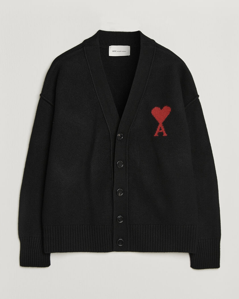 AMI Big Heart Logo Wool Knitted Cardigan Black – Svart