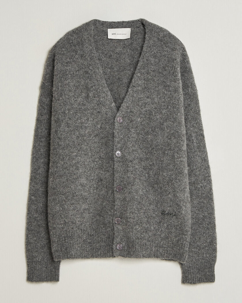AMI Signature Logo Wool Knitted Cardigan Grey Melange – Grå