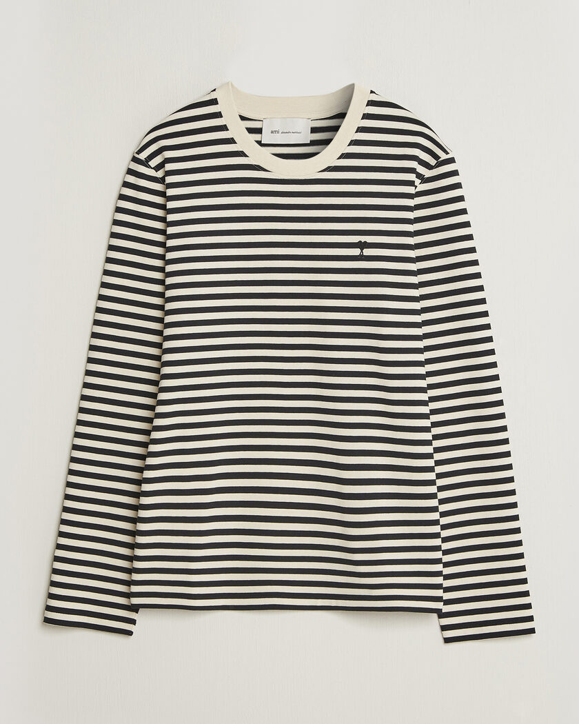 AMI Black Heart Logo Striped Long Sleeve T-Shirt Black/Ivory – Svart