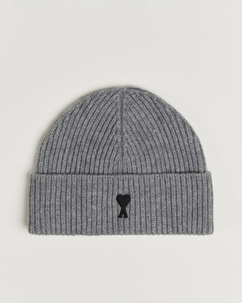 AMI Contrasted Heart Logo Beanie Light Grey Melange – Grå