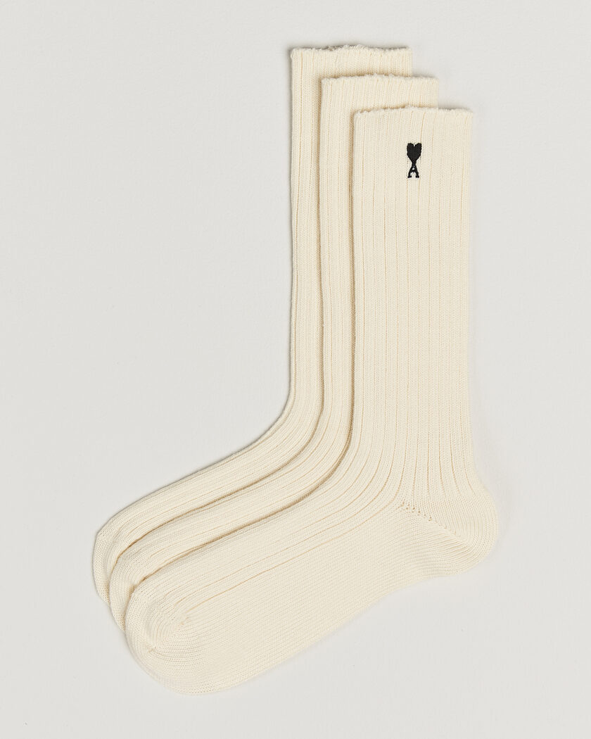 AMI 3-Pack Heart Logo Cotton Socks Ivory – Hvit