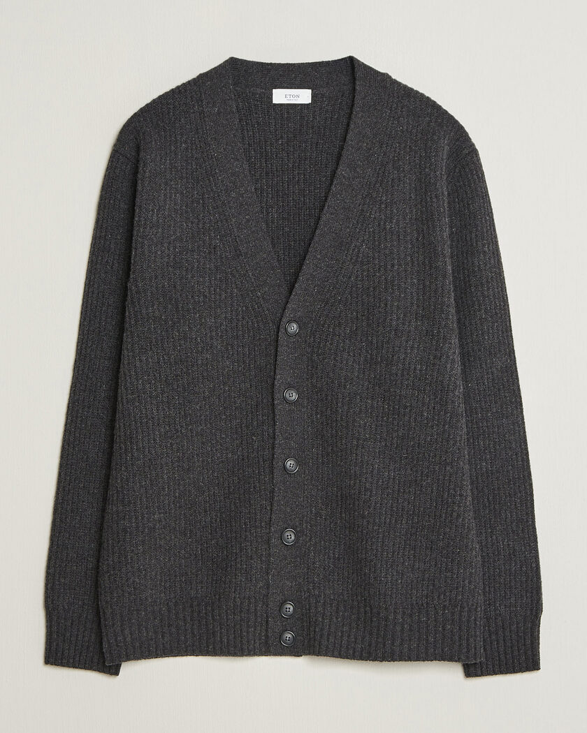Eton Merino Wool Rib Cardigan Dark Grey – Grå
