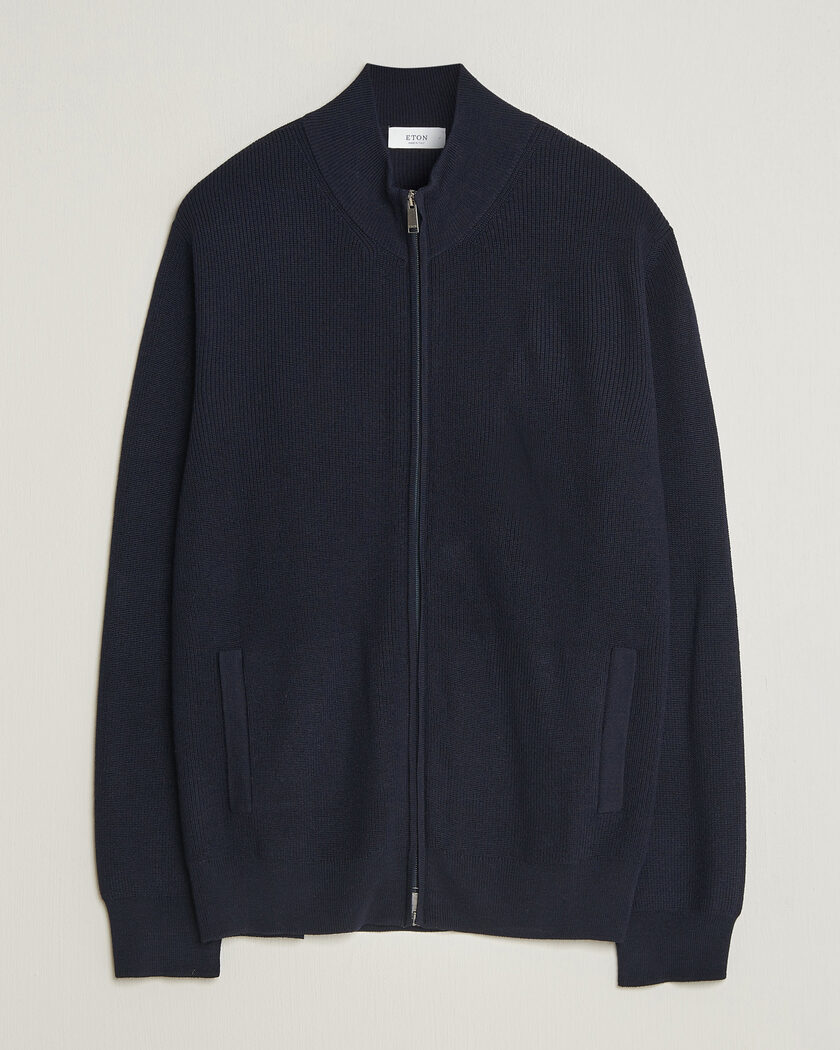 Eton Merino Wool Knitted Full Zip Navy Blue – Blå