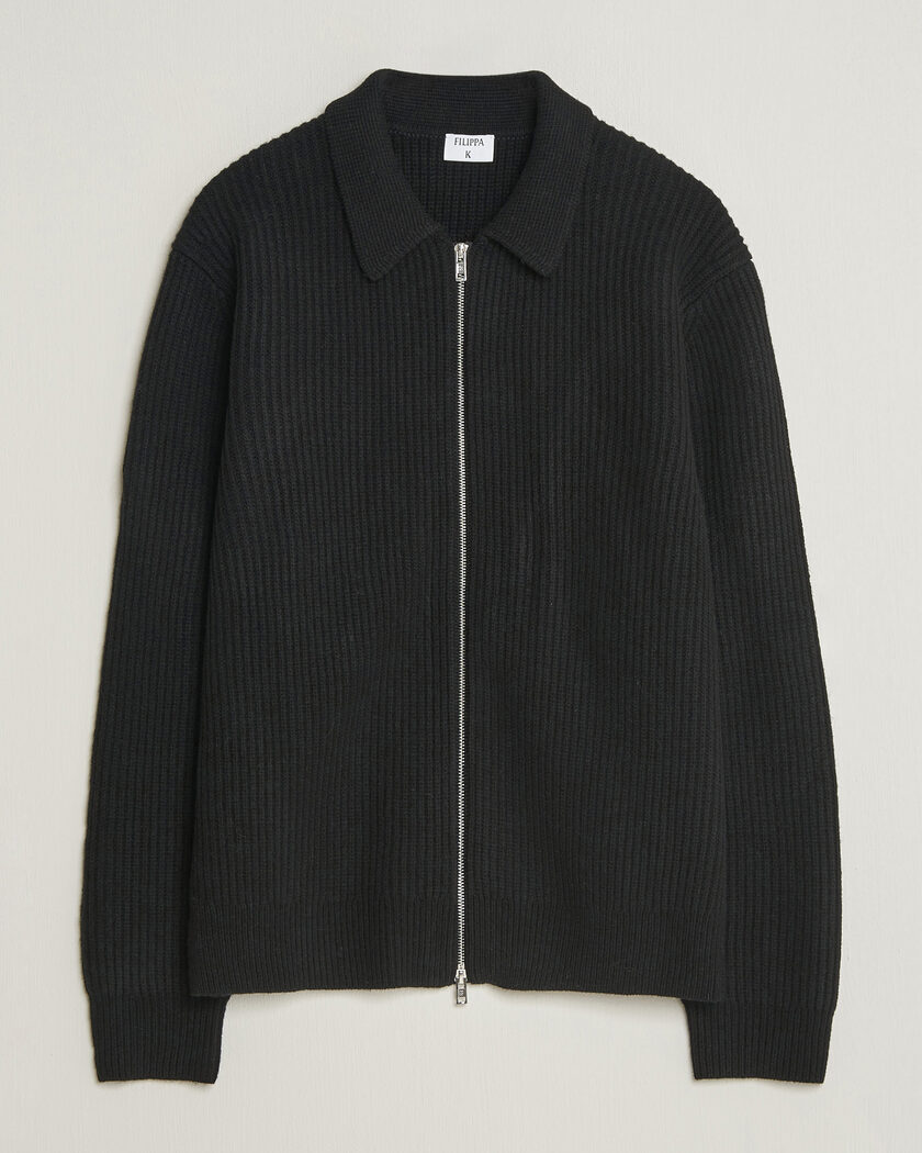 Filippa K Ribbed Wool Knitted Full Zip Black – Svart