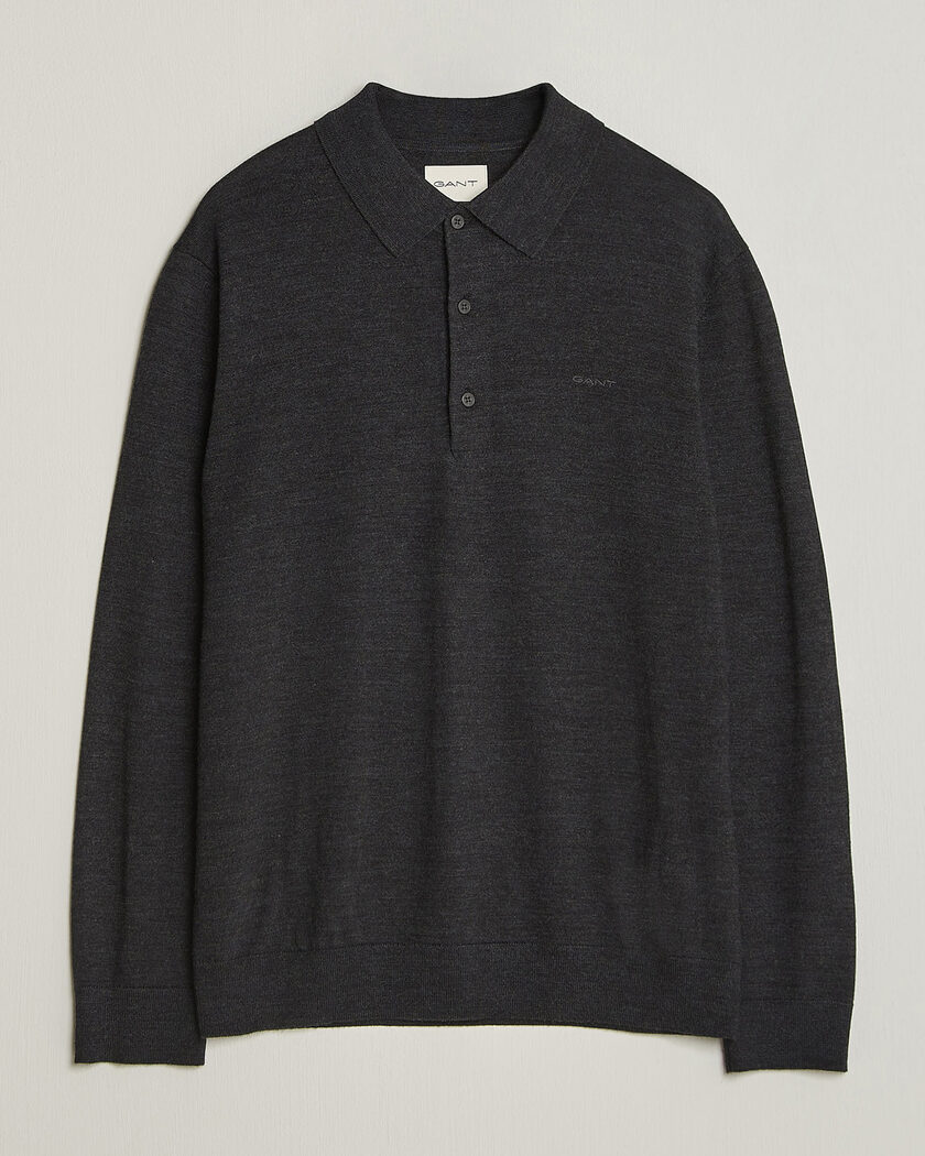 Gant Extrafine Merino Knitted Polo Dark Charcoal Melange – Grå