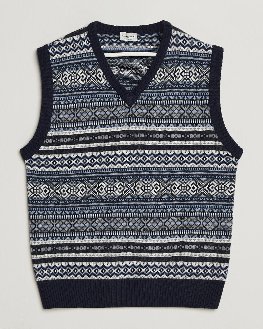 Morgano Wool/Cashmere Fair Isle Knitted Vest Navy – Blå