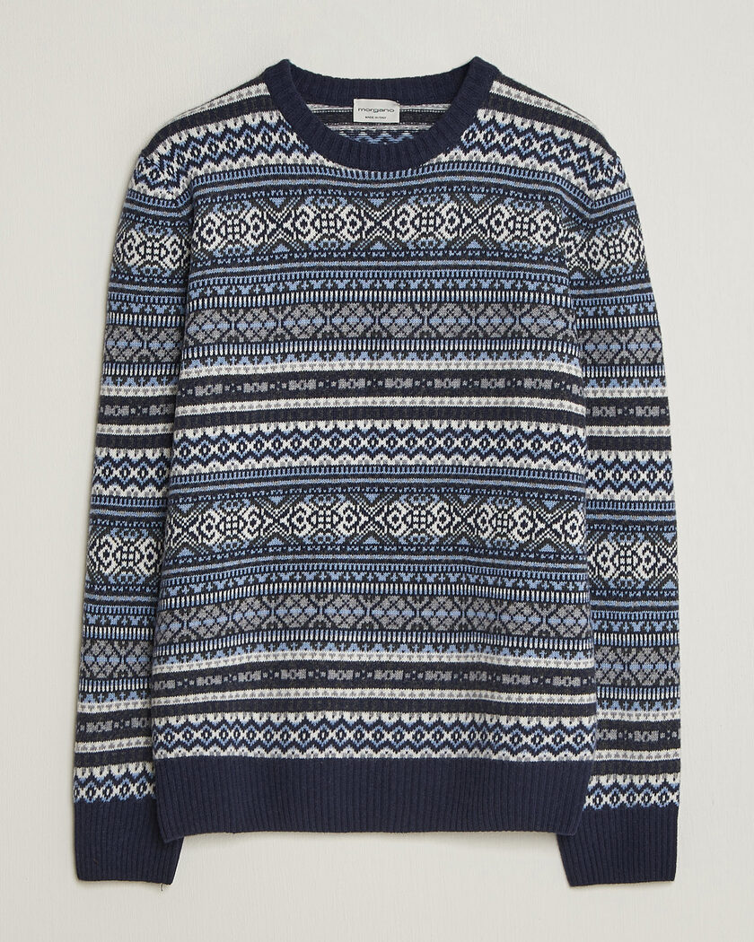 Morgano Wool/Cashmere Fair Isle Knitted Crewneck Navy – Blå
