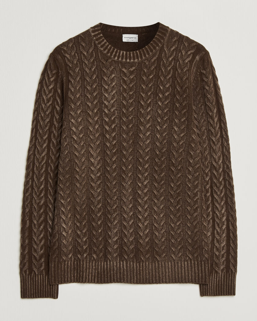 Morgano Cable Knitted Brushed Dyed Wool Crew Brown – Brun