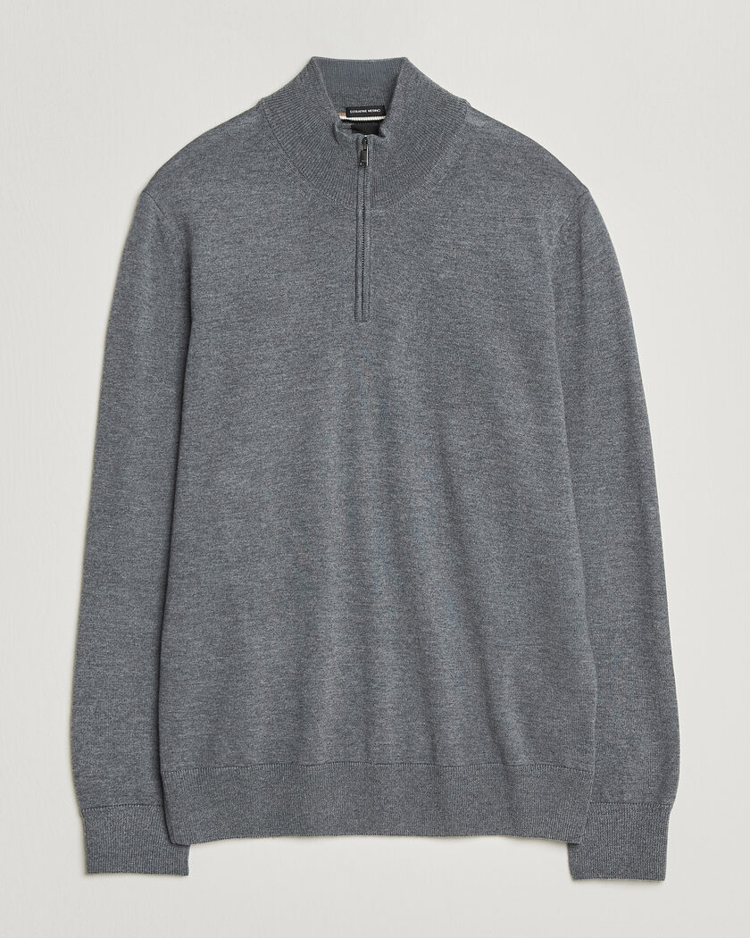 BOSS BLACK Ebenji Merino Knitted Half Zip Medium Grey – Grå