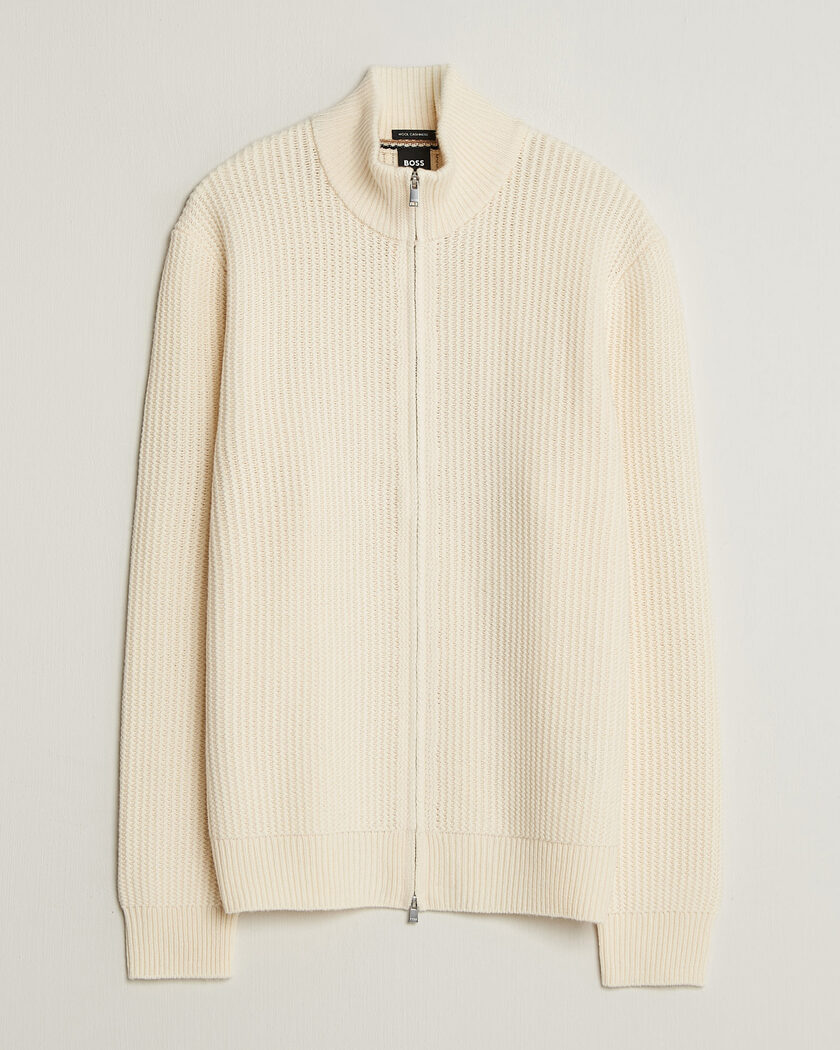 BOSS BLACK Fiocco Wool/Cashmere Full Zip Open White – Hvit