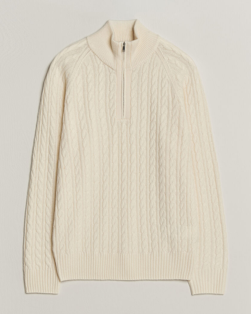 BOSS BLACK Furore Wool/Cashmere Cable Half Zip Open White – Hvit