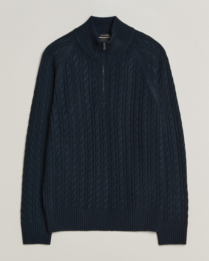 BOSS BLACK Furore Wool/Cashmere Cable Half Zip Dark Blue – Blå