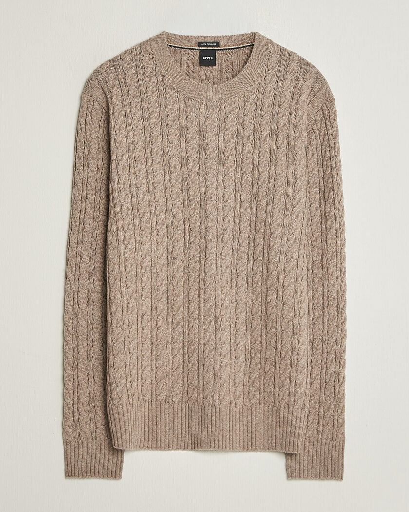 BOSS BLACK Furlan Wool/Cashmere Cable Crew Neck Open Brown – Brun