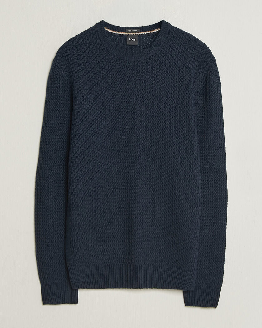 BOSS BLACK Fiocchetto Wool/Cashmere Crew Neck Dark Blue – Blå