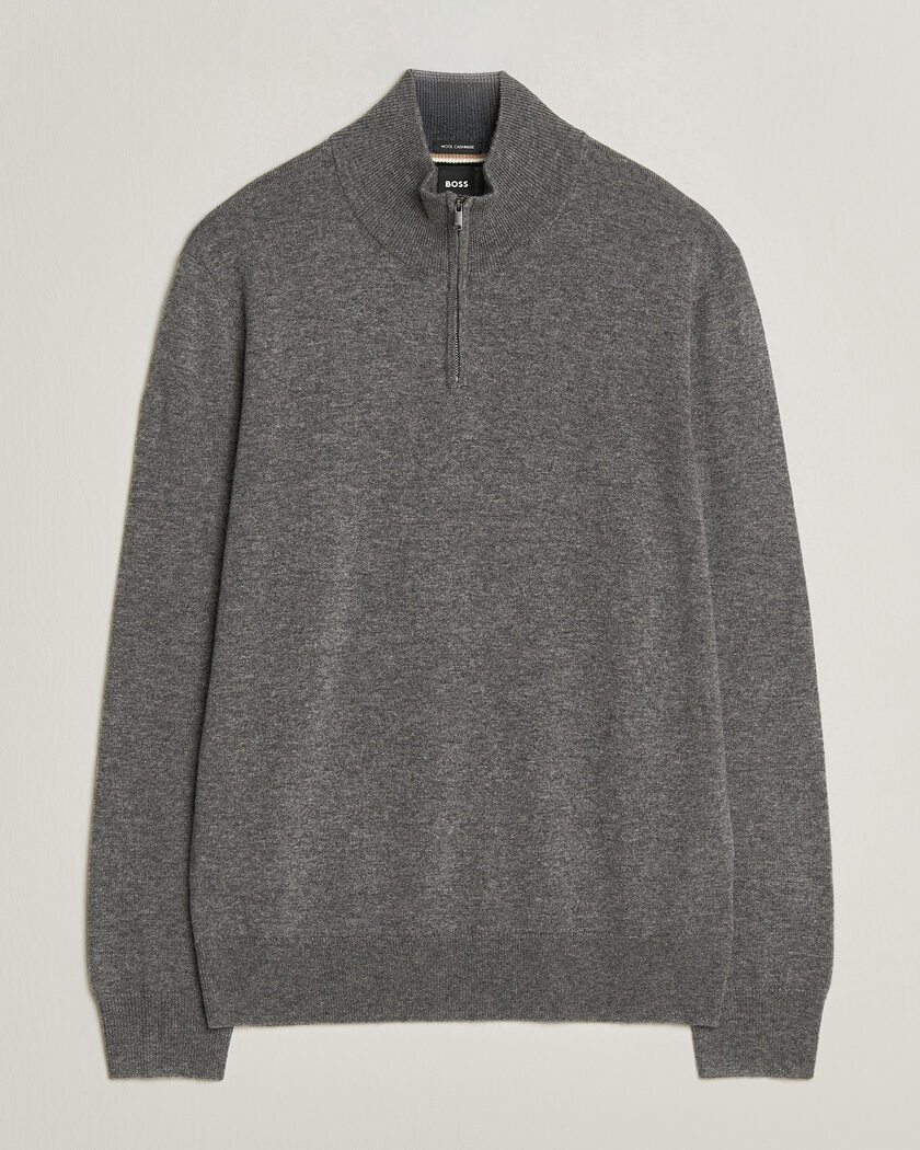 BOSS BLACK Hemarlo Wool/Cashmere Half Zip Medium Grey – Grå