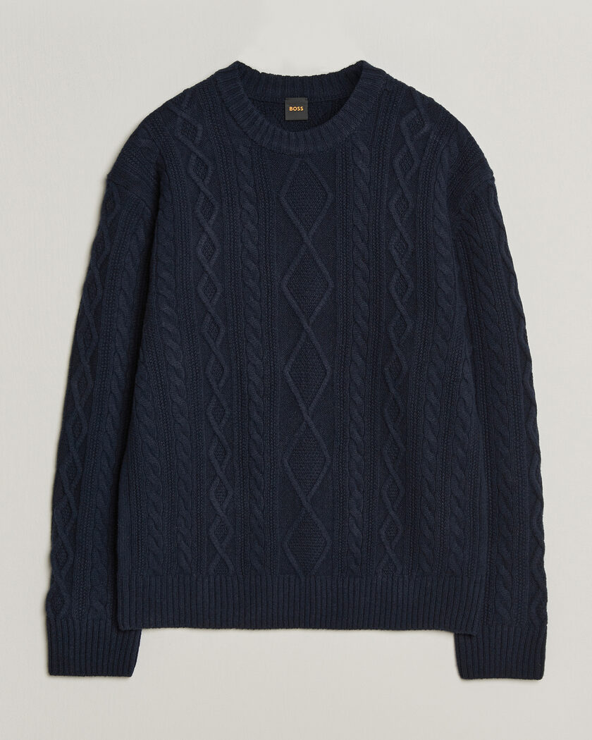 BOSS ORANGE Atreccio Wool Structured Knitted Sweater Dark Blue – Blå