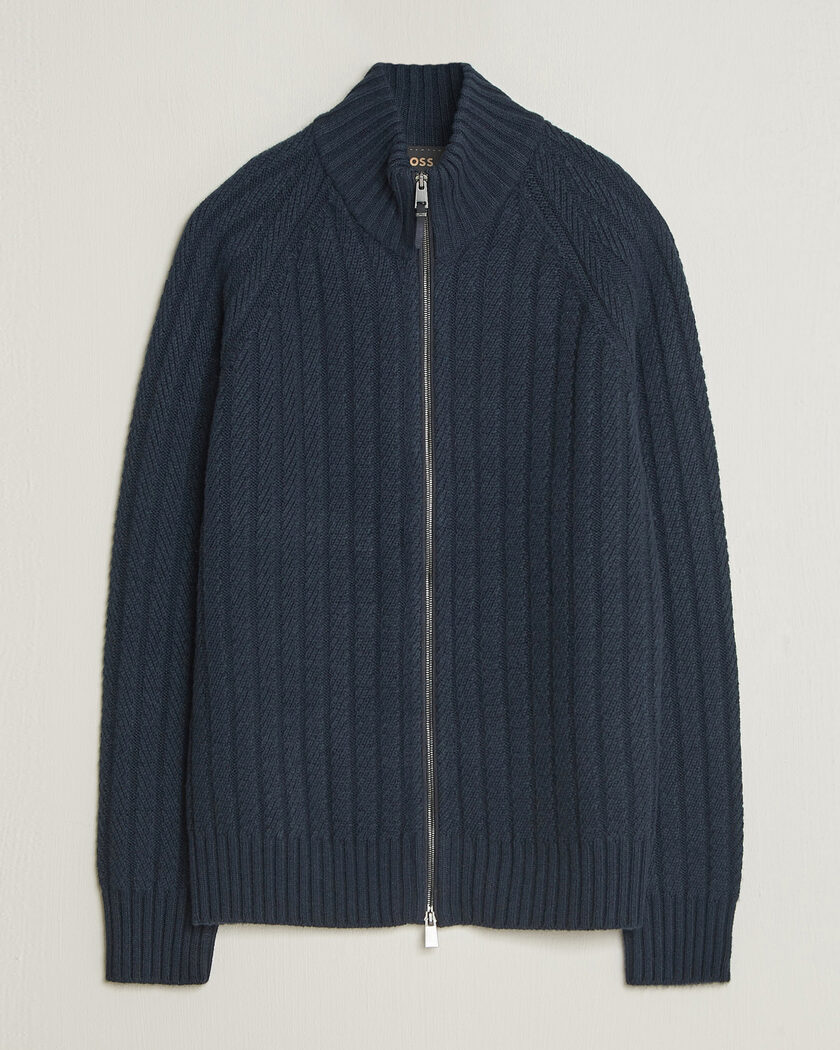BOSS CAMEL Filane Cashmere Knitted Full Zip Dark Blue – Blå