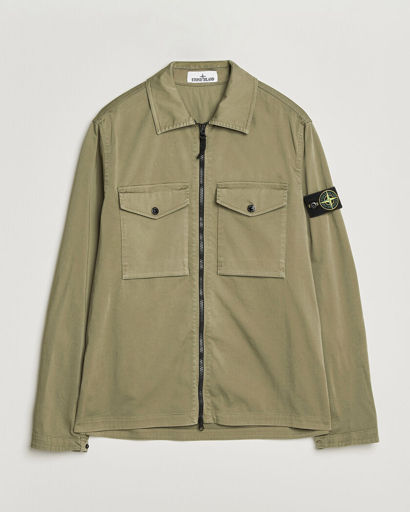 Stone Island Organic Cotton Satin Stretch Zip Overshirt Miltary Green – Grønn