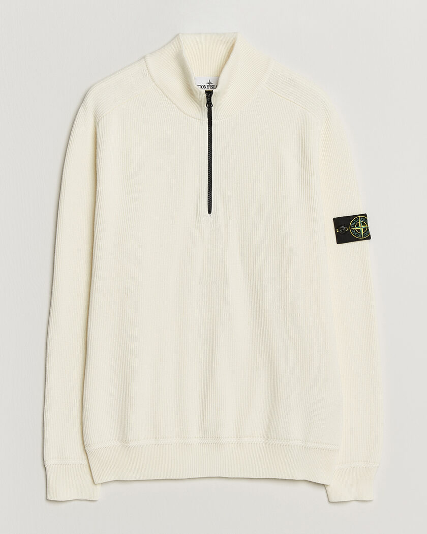 Stone Island Ribbed Soft Organic Cotton Half-Zip Ivory – Hvit