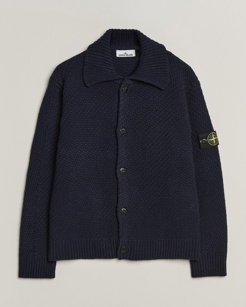 Stone Island Basket Stitch Lambswool Cardigan Navy Blue – Blå