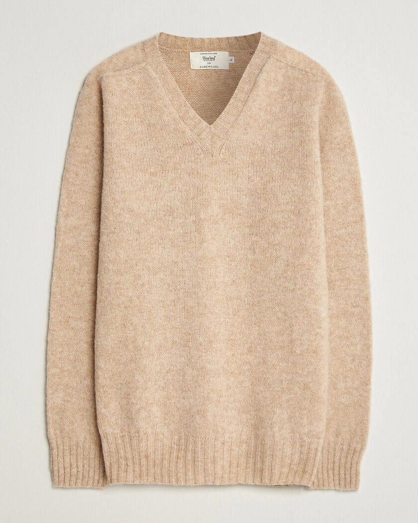 Harley of Scotland for Care of Carl Brushed Supersoft Lambswool V-Neck Beige – Beige