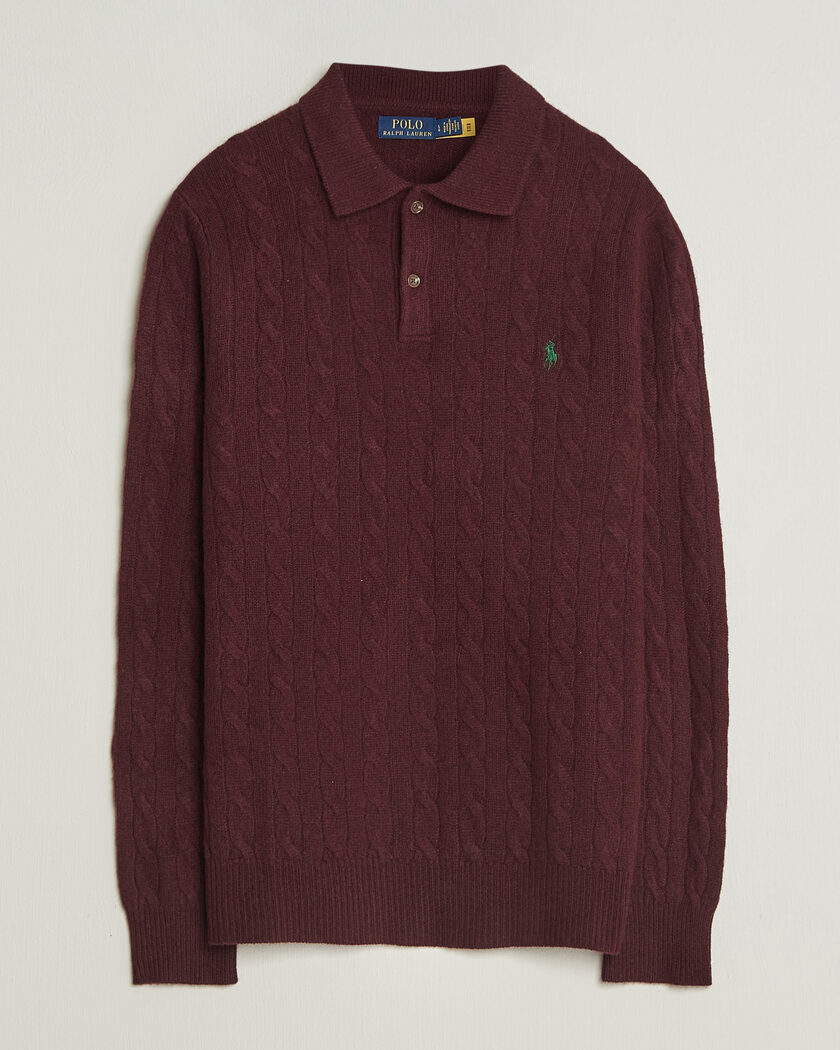 Polo Ralph Lauren Wool/Cashmere Cable Knit Polo Aged Wine Heather – Rød