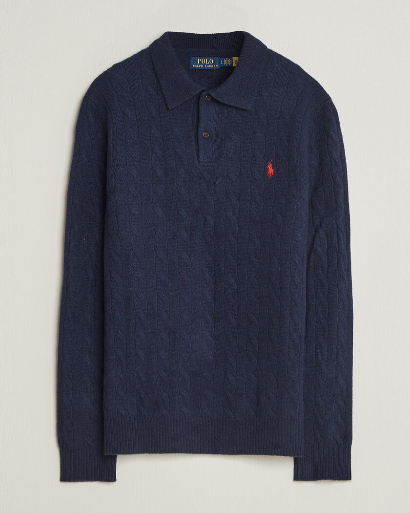 Polo Ralph Lauren Wool/Cashmere Cable Knit Polo Hunter Navy – Blå