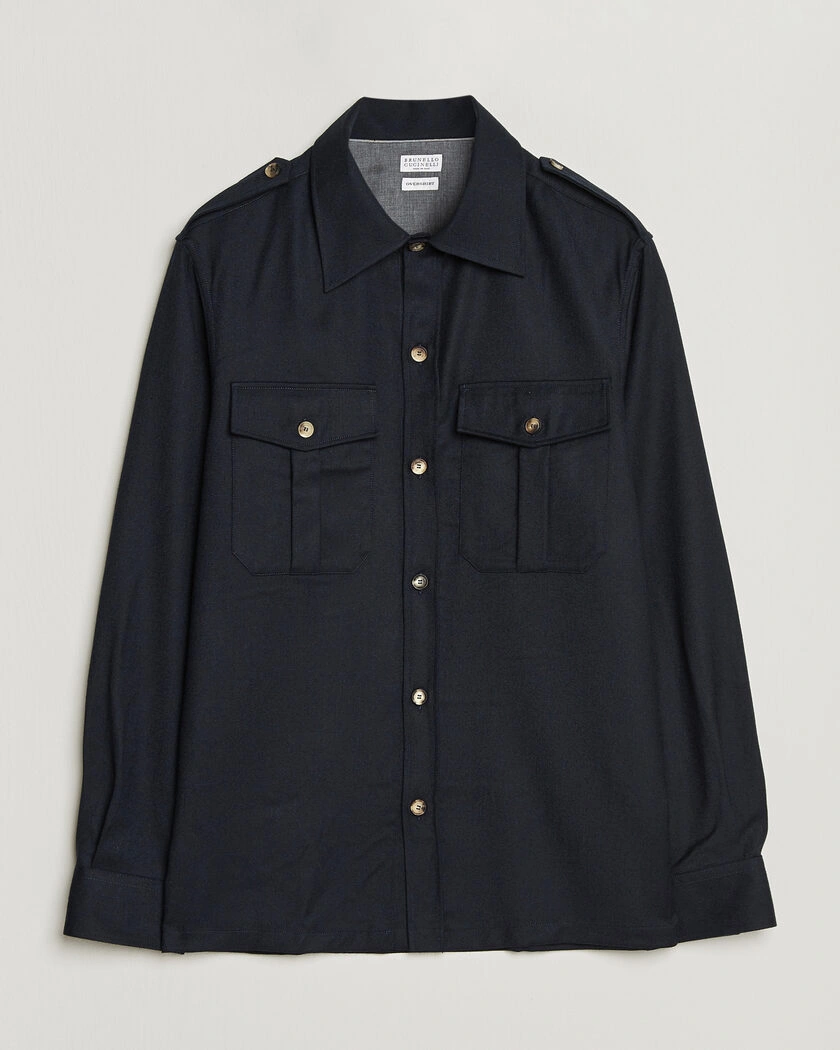 Brunello Cucinelli Flannel Double Pocket Overshirt Navy – Blå
