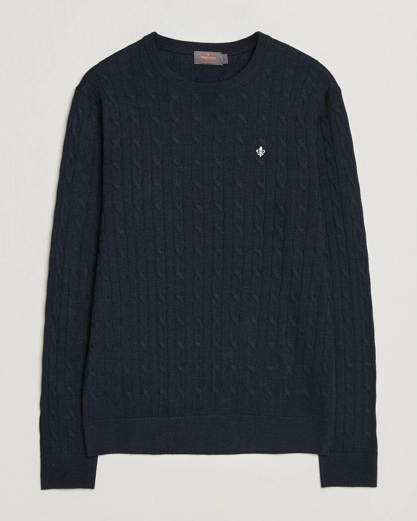 Morris Merino Cable O-Neck Navy – Blå