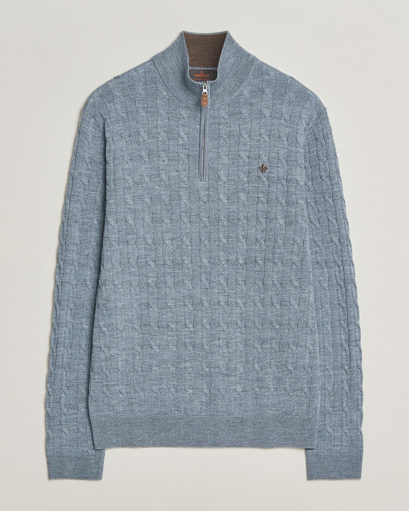 Morris Merino Cable Half Zip Light Blue – Blå