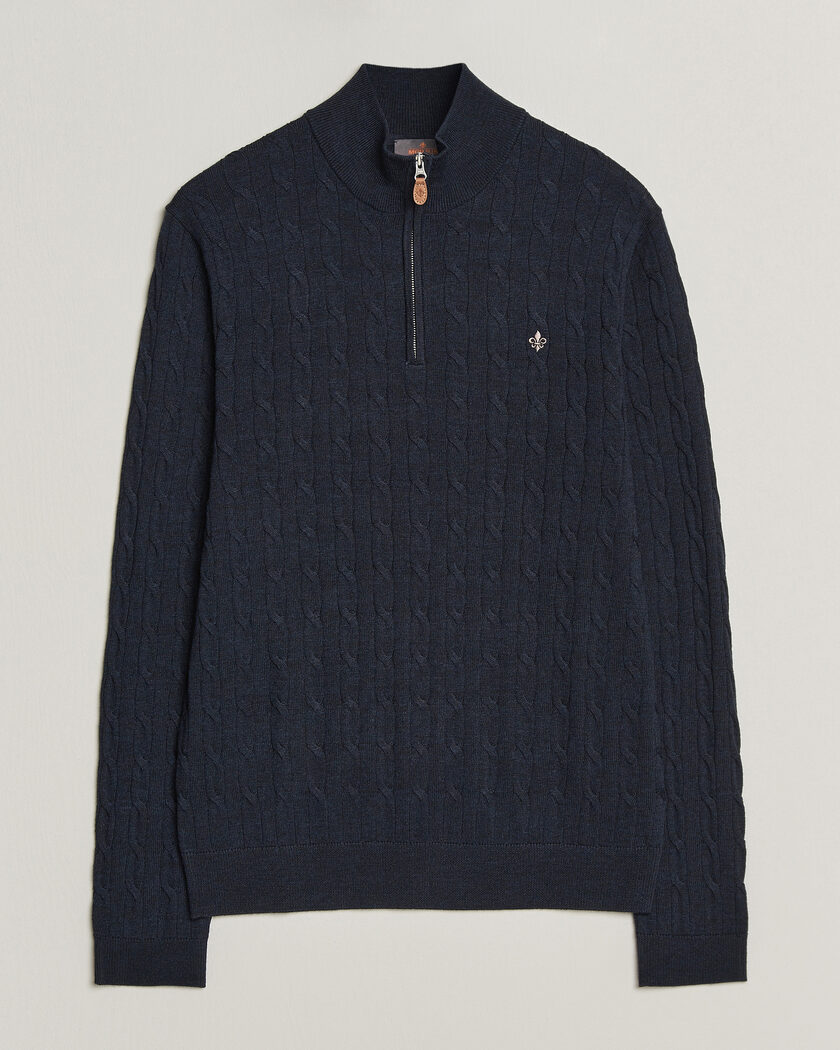 Morris Merino Cable Half Zip Navy – Blå