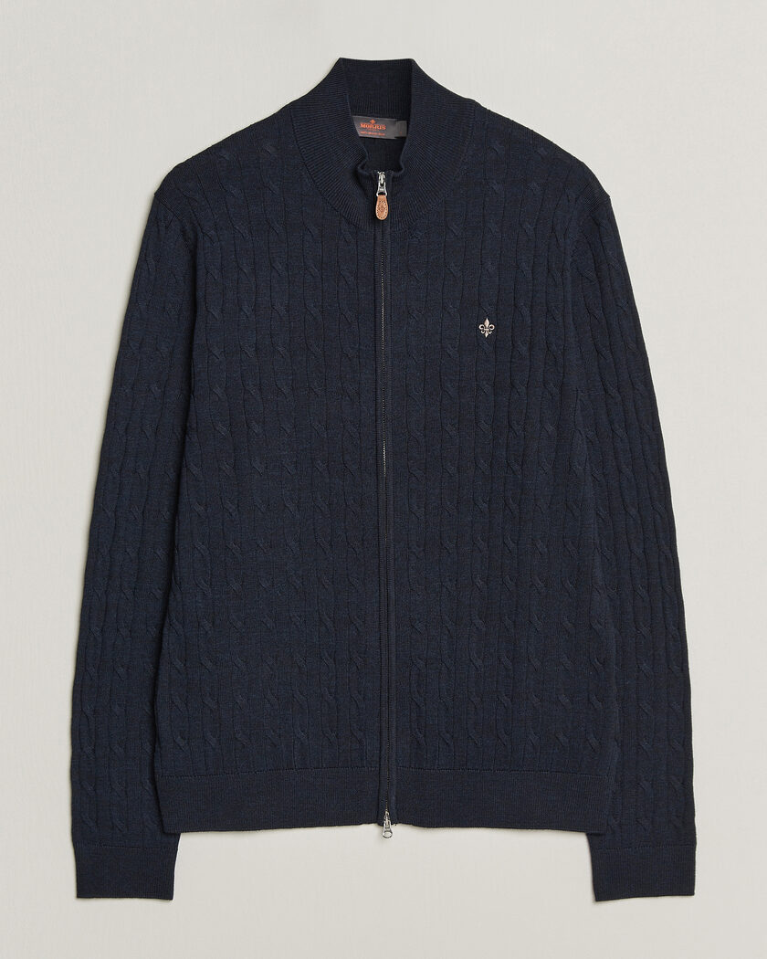 Morris Merino Cable Zip Cardigan Navy – Blå