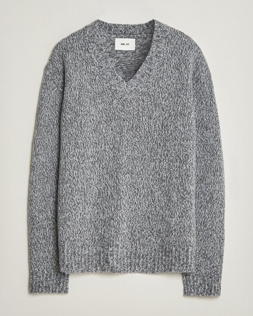  NN07 Flint Wool Knitted V-Neck Grey Melange – Grå