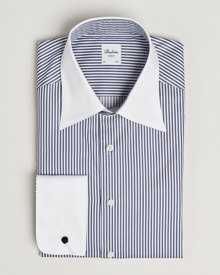 Stenströms Slimline White Collar Stripe Whinchester Shirt Blue – Blå