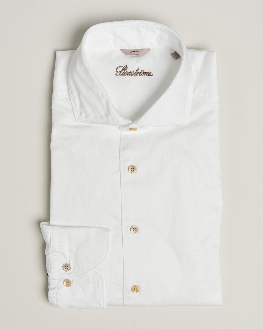 Stenströms Slimline Washed Cotton Twill Cut Away Shirt White – Hvit