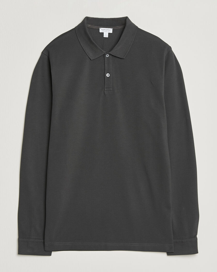 Sunspel Supima Cotton Long Sleeve Pique Polo Anthracite – Grå
