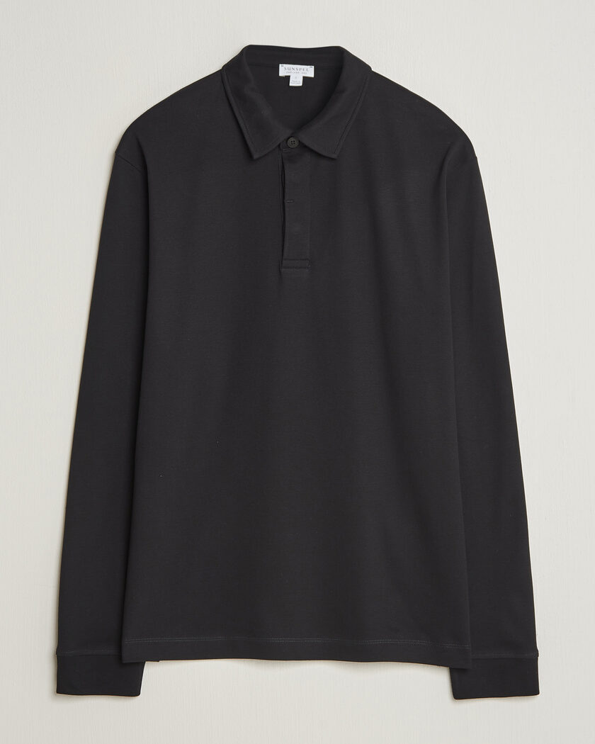 Sunspel Heavy Weight Supima Cotton Long Sleeve Polo Black – Svart