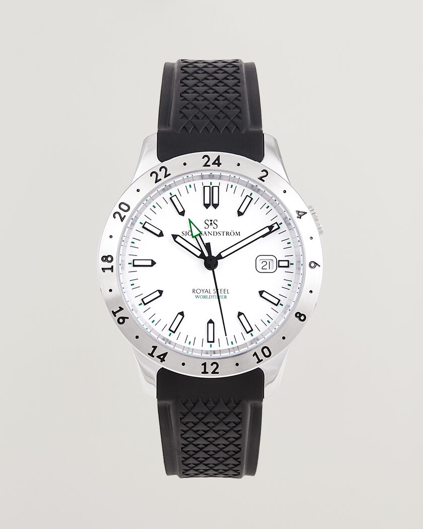 Sjöö Sandström Royal Steel Worldtimer 41mm Black Rubber White Dial – Hvit