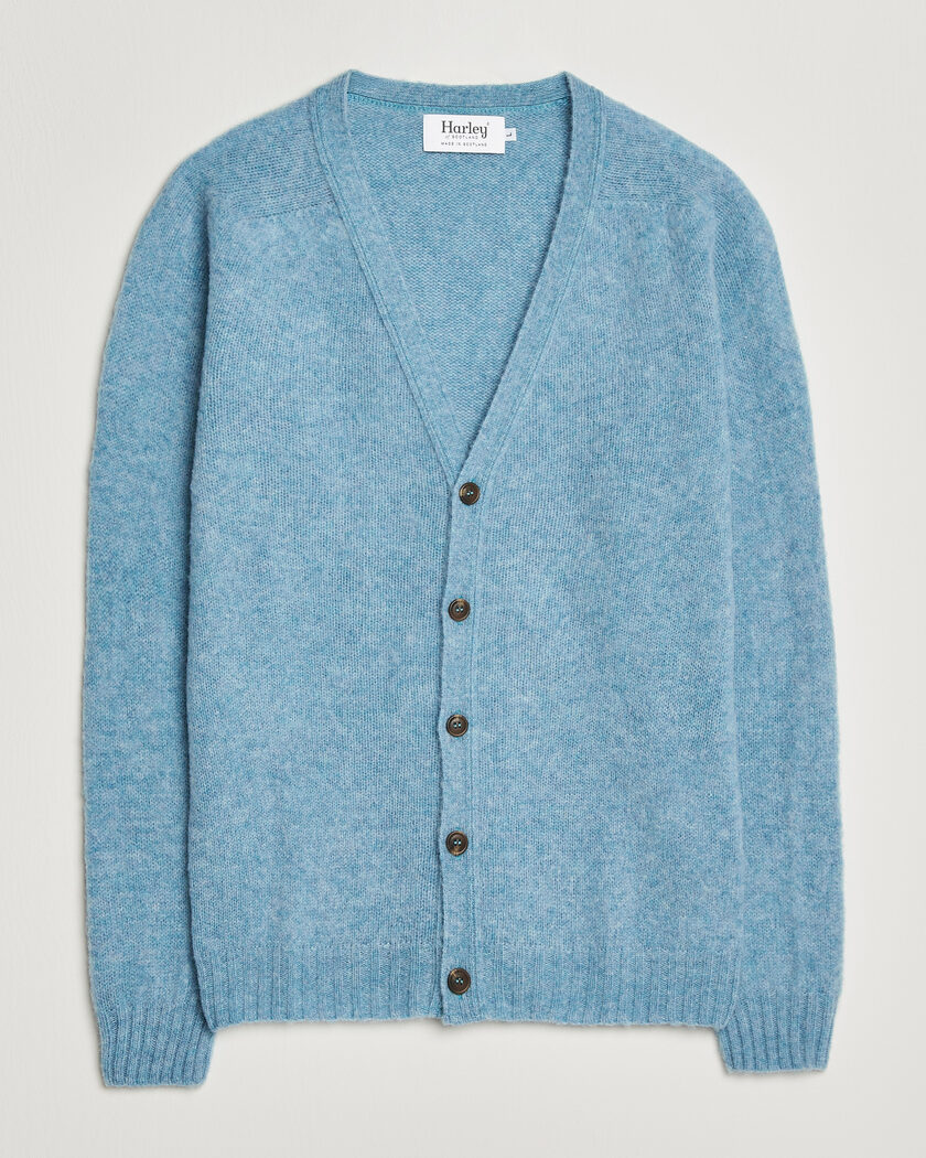 Harley Of Scotland Brushed Supersoft Lambswool Cardigan Loch Blue – Blå