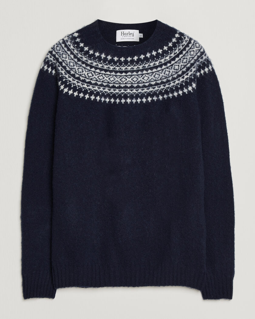 Harley Of Scotland Brushed Supersoft Lambswool Yolk Fairisle Navy/Snow White – Blå