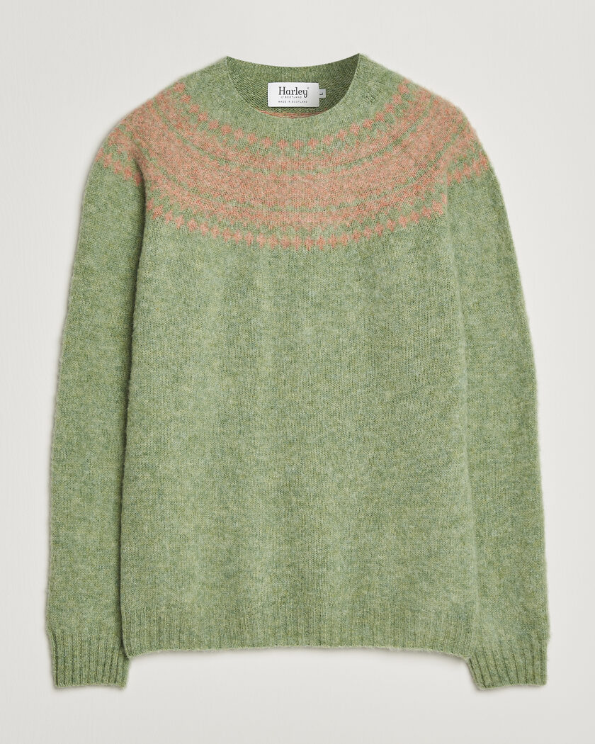 Harley Of Scotland Brushed Supersoft Lambswool Yolk Fairisle Sage/Parfait – Grønn