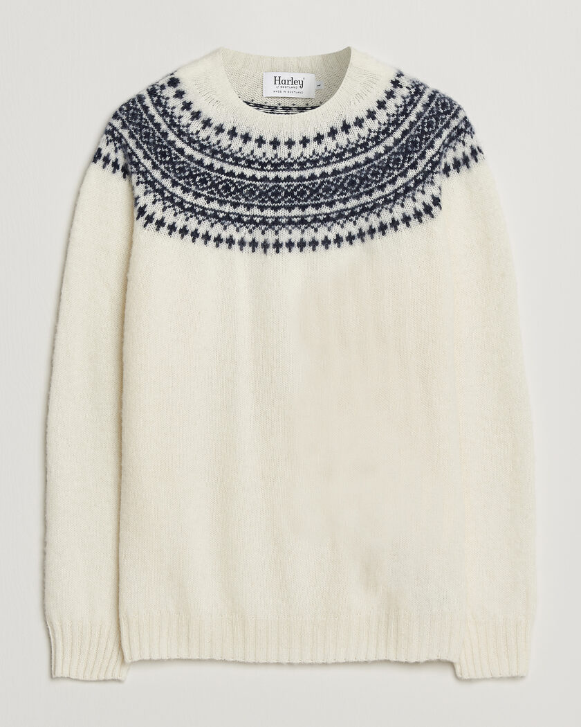 Harley Of Scotland Brushed Supersoft Lambswool Yolk Fairisle Snow White/Navy – Hvit