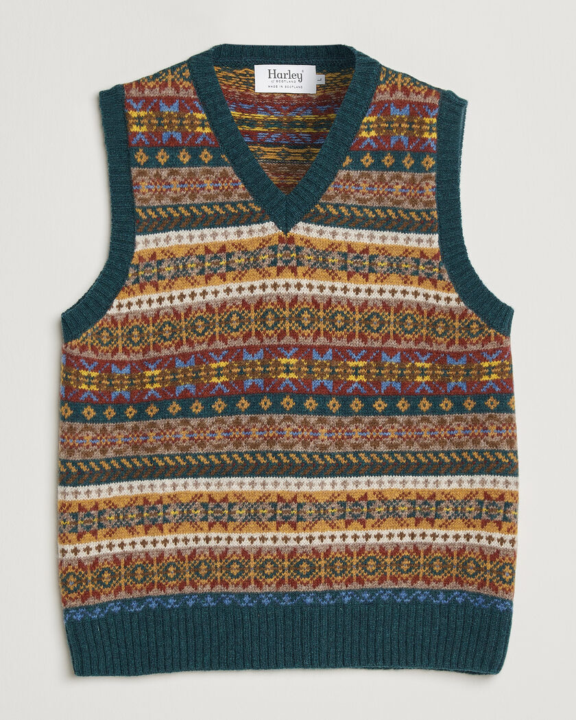 Harley Of Scotland Supersoft 2ply Lambswool Fairisle Vest Tempest – Flerfarget