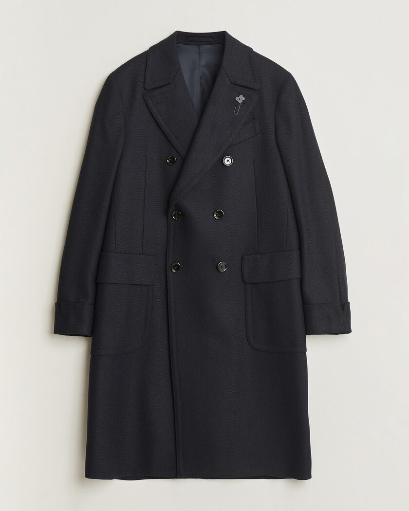 Lardini Ulster Wool/Cashmere Tonal Herringbone Coat Navy – Blå