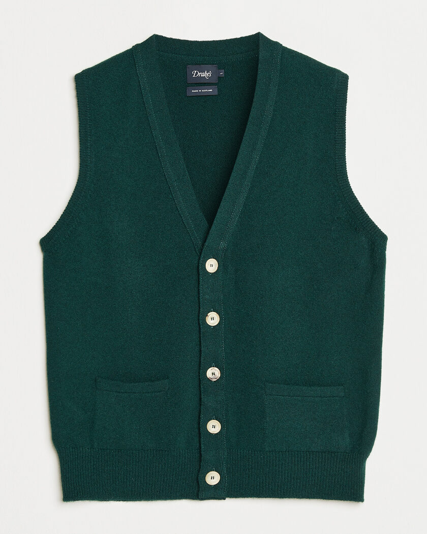 Drake's Lambswool Vest Cardigan Green – Grønn