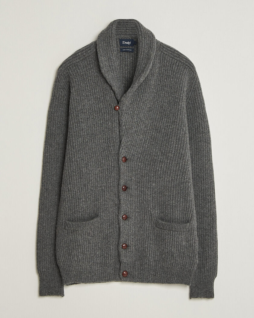 Drake's Lambswool Shawl Collar Rib Cardigan Grey – Grå