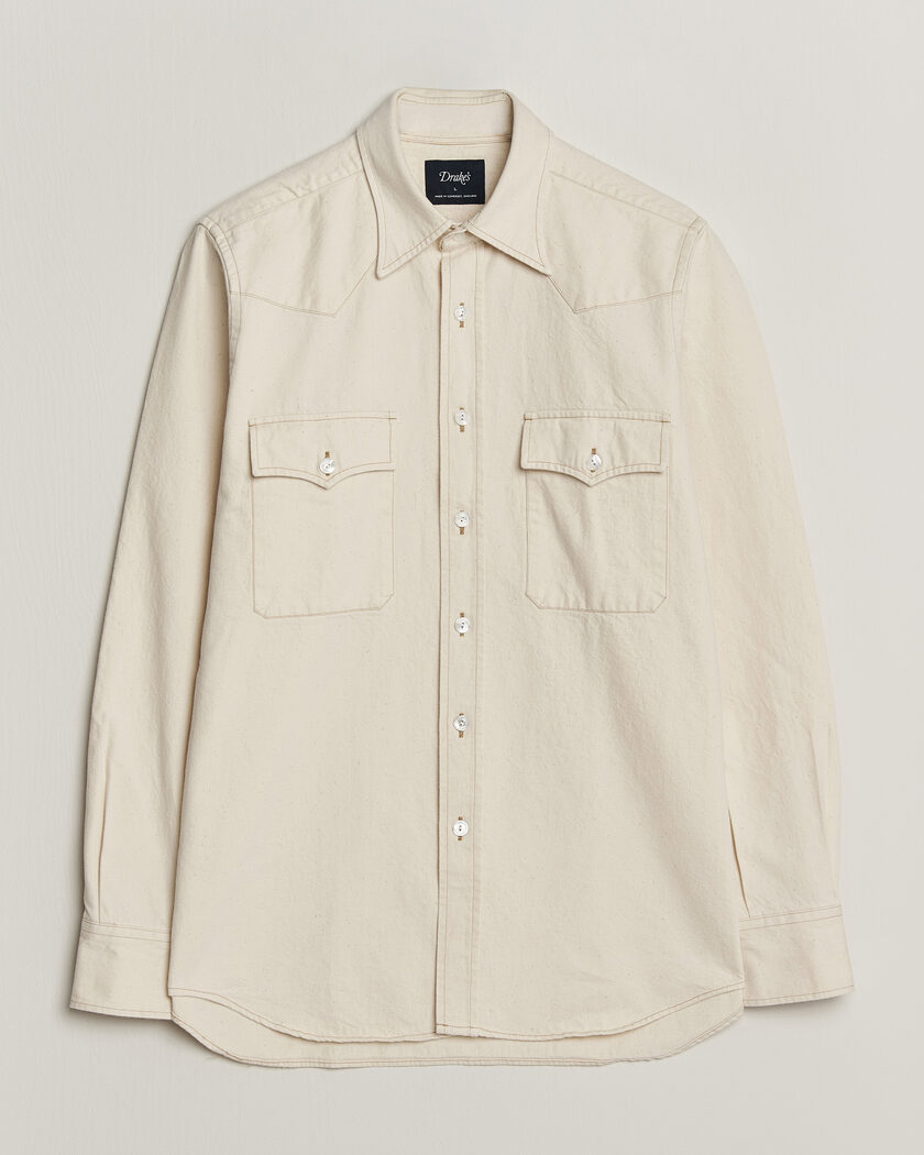 Drake's Western Denim Shirt Stone Wash Ecru – Hvit