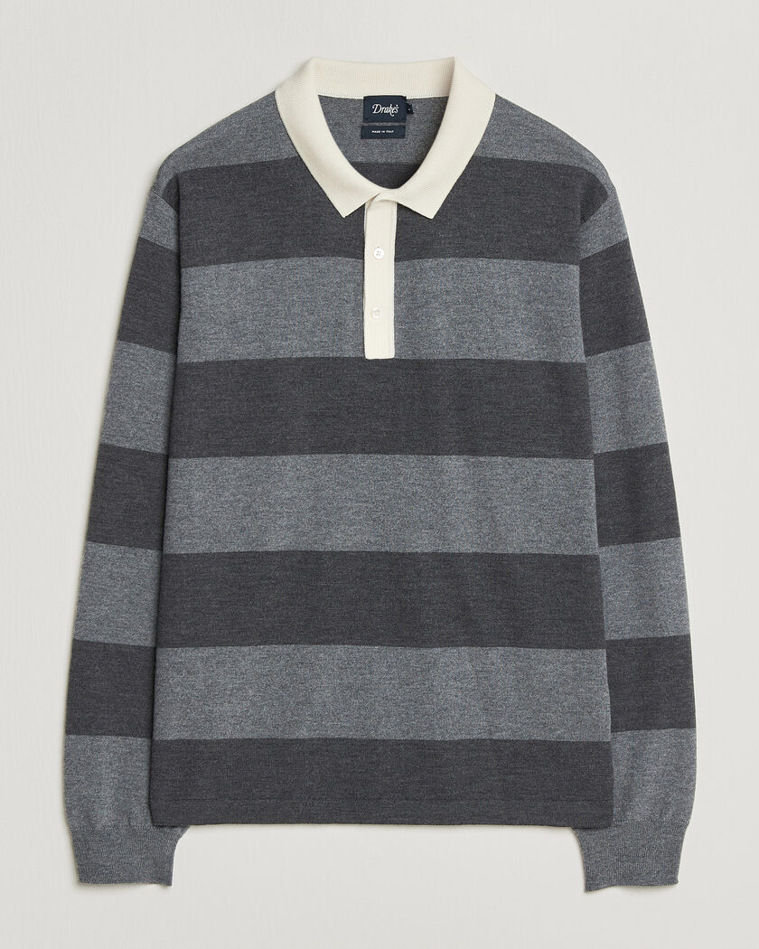 Drake's Block Stripe Knitted Rugby Mid Grey – Grå