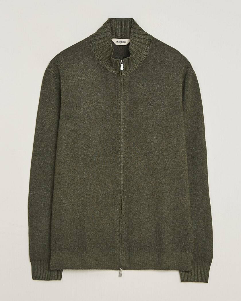 Gran Sasso Wool/Cashmere Washed Full Zip Olive Melange – Grønn
